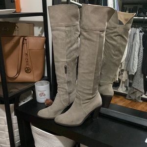 Grey brown knee high heeled boots
